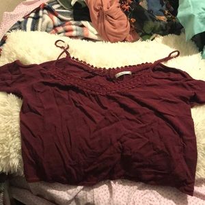 marron crop top off the shoulder